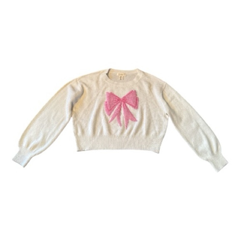 Jessica Simpson Cream White Crop Sweater with Pink Bow